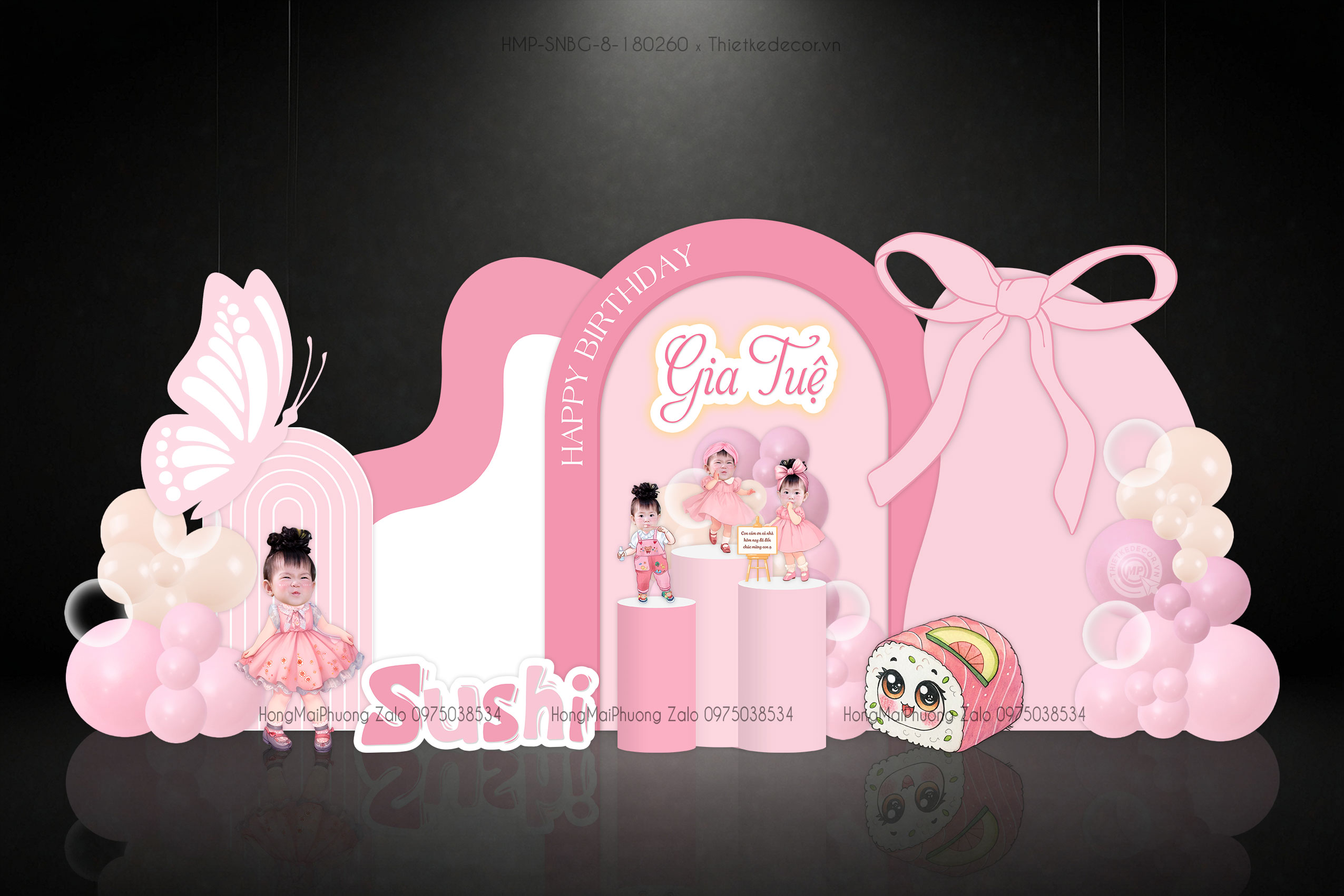 Sinh nhật bé gái chủ đề sushi tone hồng gắn nơ